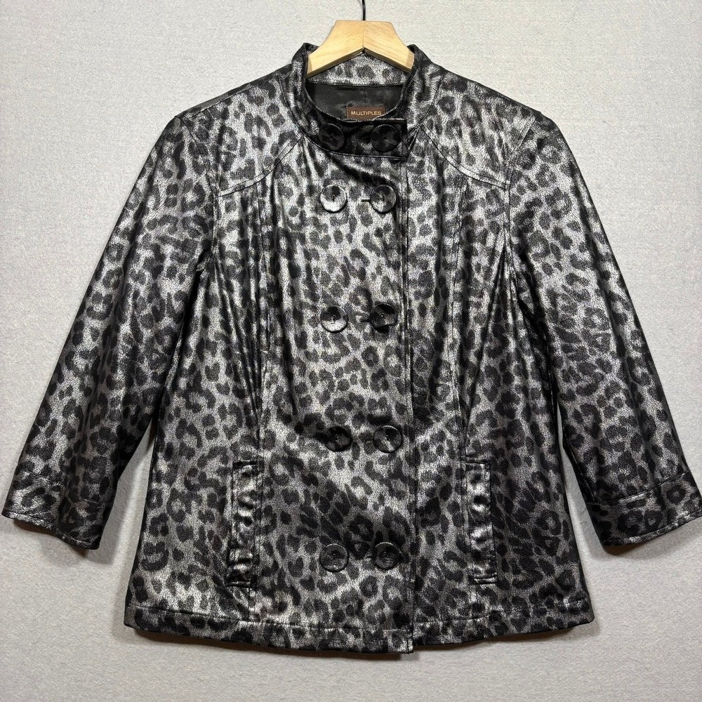 Multiples Jacket Womens M Leopard Print Metallic Silver Black Statement